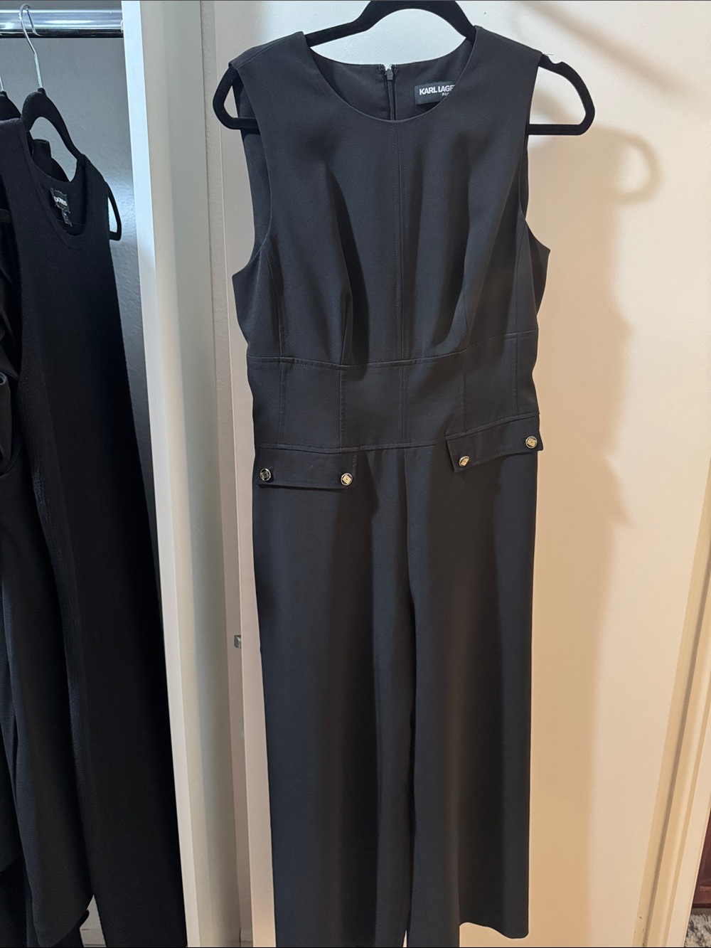 Karl Lagerfeld Black Sleeveless Tailored Jumpsuit with Gold Buttons